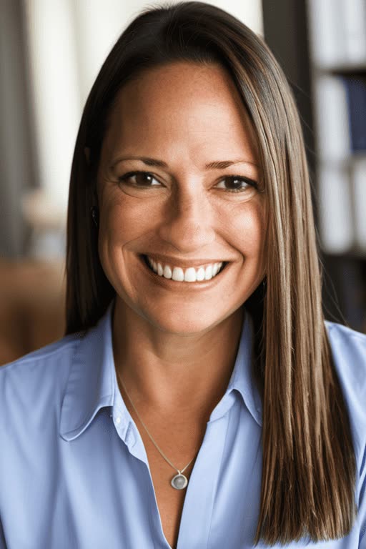 Smiling woman with long brown hair wearing light blue blouse and pendant necklace