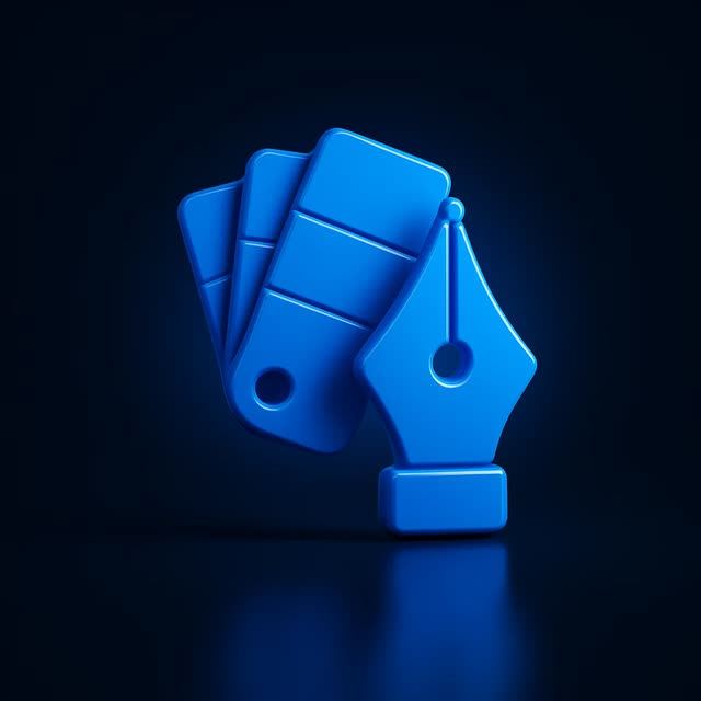 Blue 3D icon of color swatches and a pen nib tool, design concept