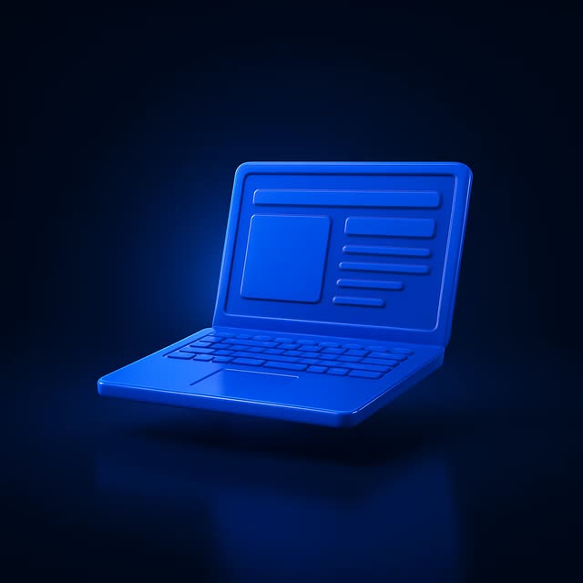 Blue 3D laptop icon with browser window and content layout on screen