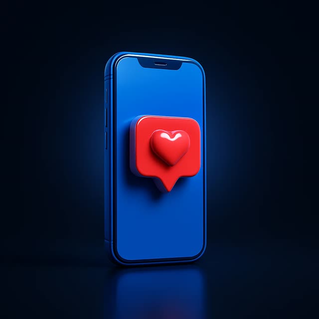 Blue smartphone with a red heart like notification icon representing social media engagement