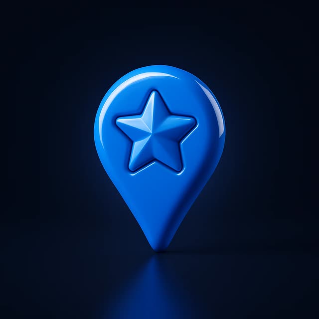 Glossy blue 3D map pin icon with embossed star symbol on dark background