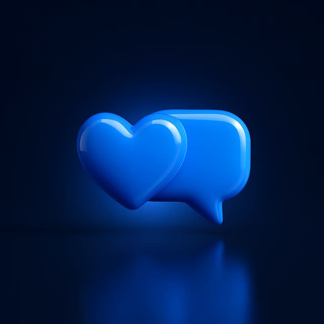 Glossy blue heart and speech bubble icons symbolizing social media engagement on dark background